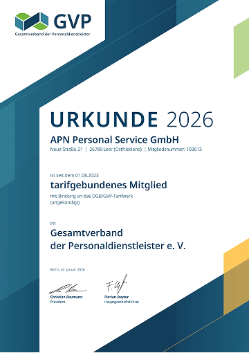 Das GVP-Zertifikat 2026 bestätigt die geprüfte Qualität des Personaldienstleisters APN.